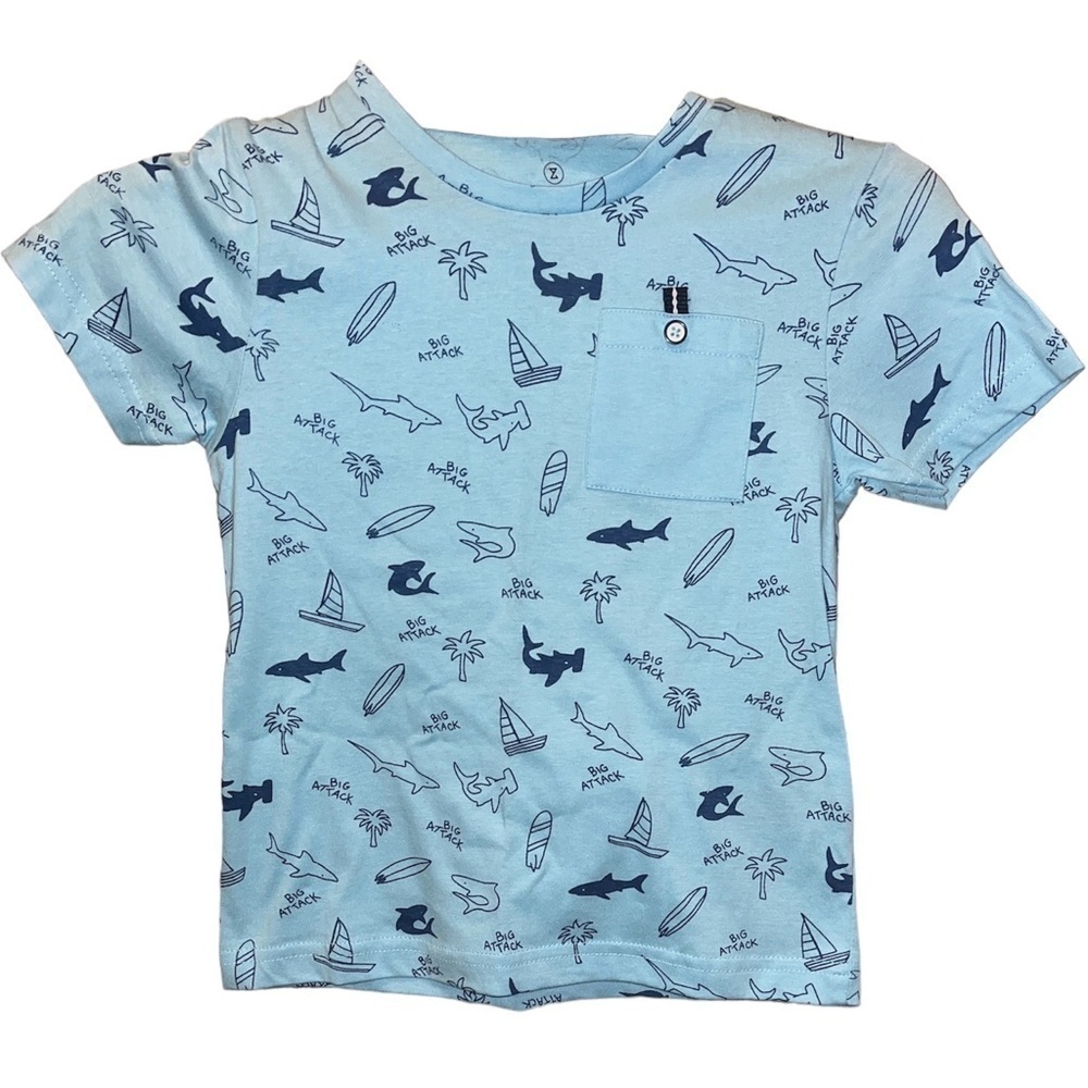 Test of Time light blue T-shirt with sharks